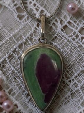 Large Ruby in Zoisite Teardrop Pendant – Signed MW 925 Sterling with Italy Chain